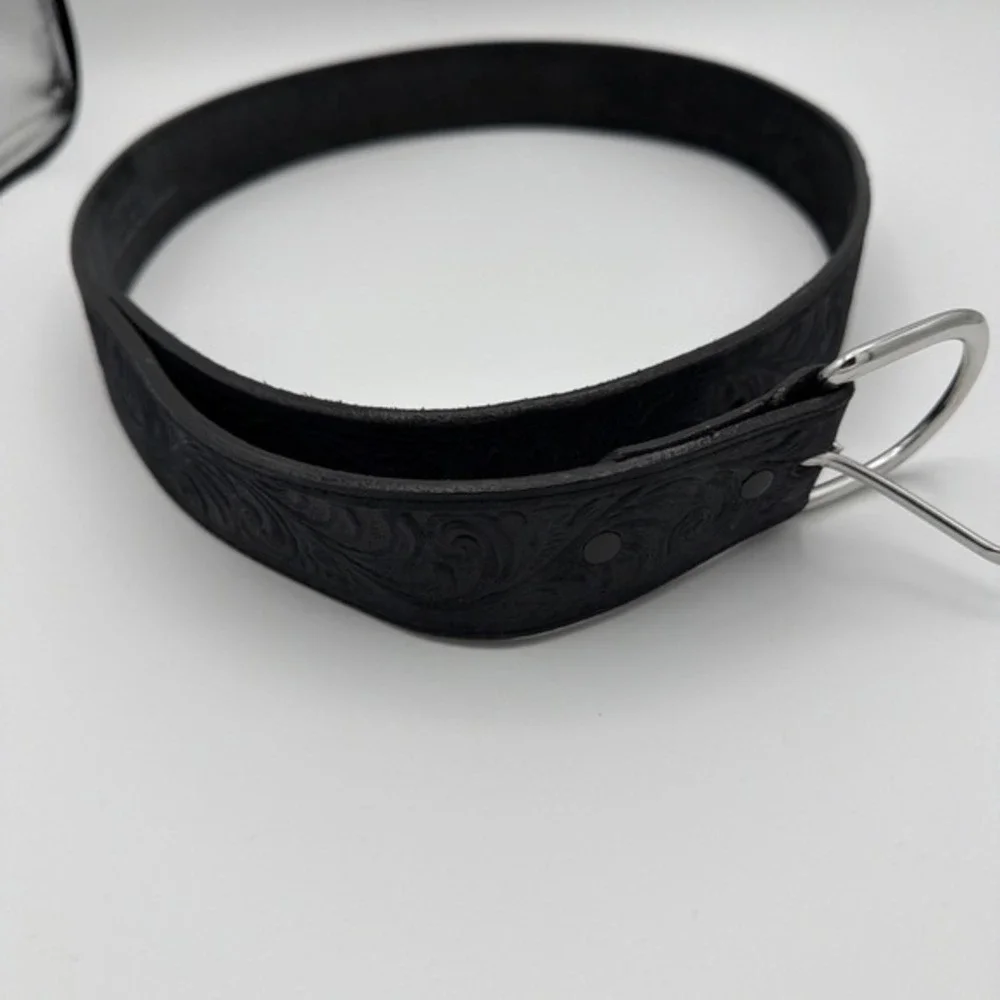 Silver Creek Leather Belt 42 Inch Black  Western Fits 32-34 Silver Buckle 3859‎